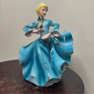 Vintage ceramic fancy women planter vase blue gold